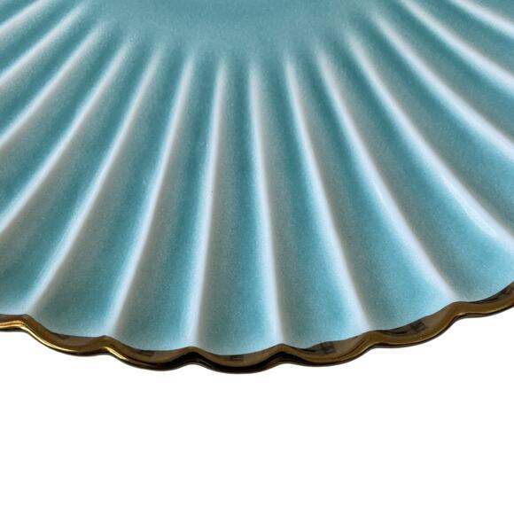 Aqua Ceramic Dinner Plates 11" Turquoise Scalloped Edge Gold Accent Set of 4 New - Picture 9 of 16